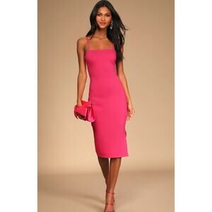 NWT Lulus Paulina Hot Pink Bodycon Midi Dress Size Extra Small Spaghetti Straps